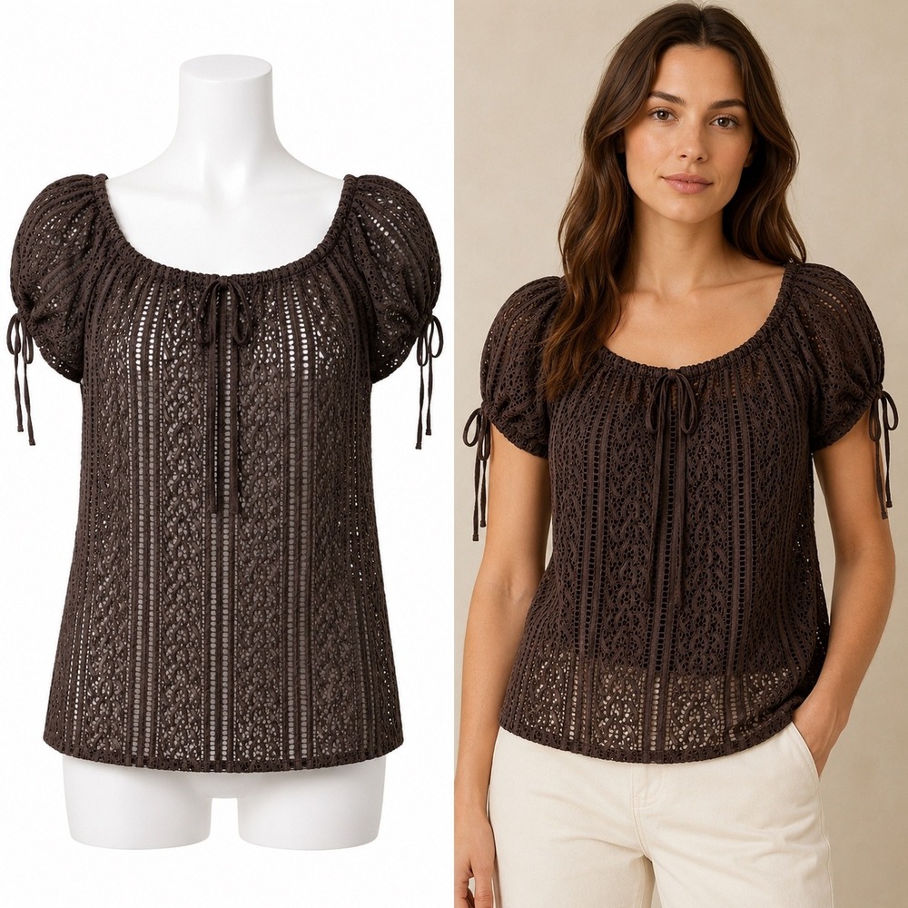 Banana Republic Eyelet Lace Top Womens L Brown Boho Off Shoulder Peasant Blouse
